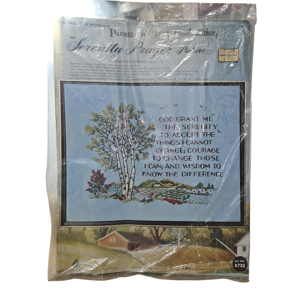Vintage Paragon Serenity‎ Prayer Crewel Stitchery Picture Kit 0732 1973 USA